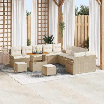 ARDEBO.de - 13-teilige Garten-Sofa-Set mit Kissen Beige Poly Rattan Akazie, 2-Sitzer Garten-Sofa mit Stauraum & Kissen Beige Poly Rattan, 3-teilige Garten-Essgruppe mit Kissen Beige Poly Rattan Akazie