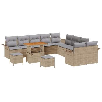 13-teiliges Garten Sofa Set mit Kissen Beige Poly Rattan Akazie, 2-Sitzer Garten Sofa mit Stauraum & Kissen Beige Poly Rattan, 3-teiliges Garten Esstisch Set mit Kissen Beige Poly Rattan Akazie