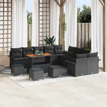 ARDEBO.de - 14-teiliges Garten-Sofa-Set mit Kissen Schwarz Poly-Rattan Akazie, 2-Sitzer Garten-Sofa mit Stauraum & Kissen Schwarz Poly-Rattan, 4-teiliges Garten-Dining-Set mit Kissen Schwarz Poly-Rattan Akazie
