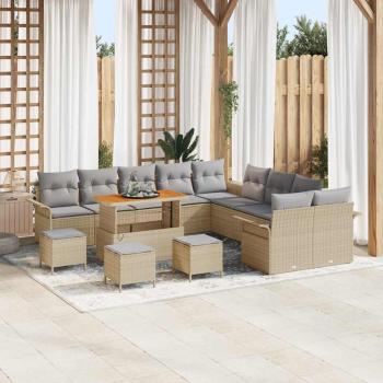ARDEBO.de - 14-teiliges Garten Sofa Set mit Kissen Beige Poly Rattan Akazie, 2-Sitzer Garten Sofa mit Stauraum & Kissen Beige Poly Rattan, 4-teiliges Garten Essset mit Kissen Beige Poly Rattan Akazie