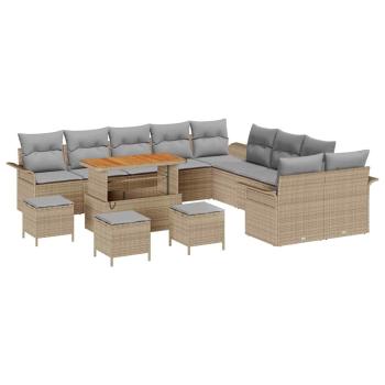 14-teiliges Garten Sofa Set mit Kissen Beige Poly Rattan Akazie, 2-Sitzer Garten Sofa mit Stauraum & Kissen Beige Poly Rattan, 4-teiliges Garten Essset mit Kissen Beige Poly Rattan Akazie