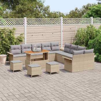 14-teiliges Garten Sofa Set mit Kissen Beige Poly Rattan Akazie, 2-Sitzer Garten Sofa mit Stauraum & Kissen Beige Poly Rattan, 4-teiliges Garten Essset mit Kissen Beige Poly Rattan Akazie
