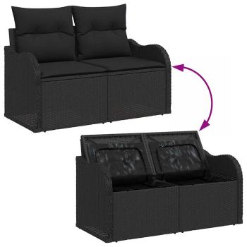 8-teiliges Garten Sofa Set mit Kissen Schwarz Poly Rattan Akazie, 2-Sitzer Garten Sofa mit Stauraum & Kissen Schwarz Poly Rattan, 3-teiliges Garten Essset mit Kissen Schwarz Poly Rattan Akazie