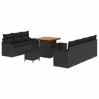 10-teiliges Garten Sofa Set mit Kissen Schwarzes Poly Rattan Akazie, 2-Sitzer Garten Sofa mit Stauraum & Kissen Schwarzes Poly Rattan, 3-teiliges Garten Esstisch Set mit Kissen Schwarzes Poly Rattan Akazie