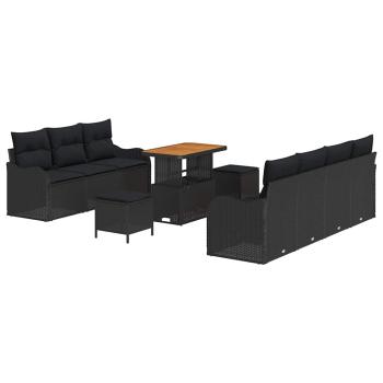 10-teiliges Garten Sofa Set mit Kissen Schwarz Poly-Rattan Akazie, 2-Sitzer Garten Sofa mit Stauraum & Kissen Schwarz Poly-Rattan, 3-teiliges Garten Ess-Set mit Kissen Schwarz Poly-Rattan Akazie