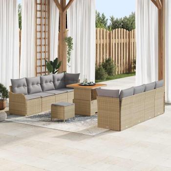 ARDEBO.de - 11-teiliges Garten Sofa Set mit Kissen Beigefarben Poly Rattan Akazie, 2-Sitzer Garten Sofa mit Stauraum & Kissen Beigefarben Poly Rattan, 3-teiliges Garten Essset mit Kissen Beigefarben Poly Rattan Akazie