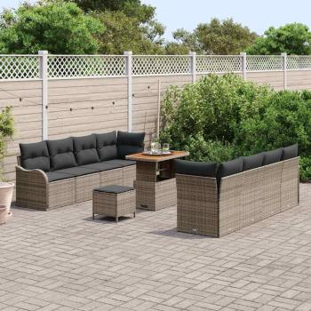 11-teiliges Garten Sofa Set mit Kissen Grau Poly Rattan Akazie, 2-Sitzer Garten Sofa mit Stauraum & Kissen Grau Poly Rattan, 3-teiliges Garten Essset mit Kissen Grau Poly Rattan Akazie