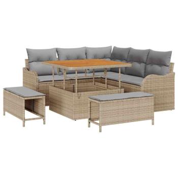 8-teilige Garten Sofa Set mit Kissen Beige Poly Rattan Akazie, 2-Sitzer Garten Sofa mit Stauraum & Kissen Beige Poly Rattan, 3-teiliges Garten Essset mit Kissen Beige Poly Rattan Akazie