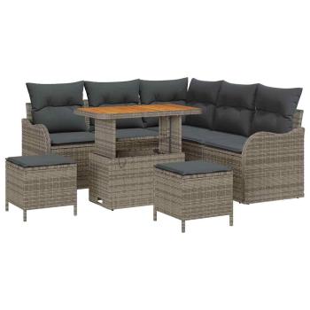 8-teiliges Garten Sofa Set mit Kissen Grau Poly Rattan Akazie, 2-Sitzer Garten Sofa mit Stauraum & Kissen Grau Poly Rattan, 3-teiliges Garten Essenset mit Kissen Grau Poly Rattan Akazie