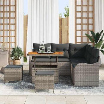 8-teiliges Garten Sofa Set mit Kissen Grau Poly Rattan Akazie, 2-Sitzer Garten Sofa mit Stauraum & Kissen Grau Poly Rattan, 3-teiliges Garten Essenset mit Kissen Grau Poly Rattan Akazie