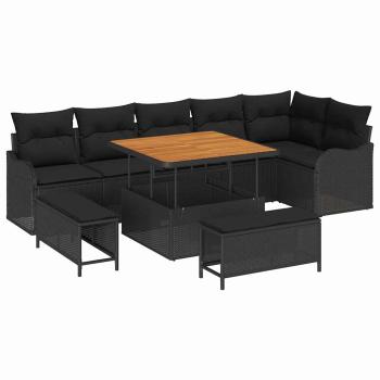 9 teiliges Garten Sofaset mit Kissen Schwarz Poly-Rattan Akazie, 2-Sitzer Garten Sofa mit Stauraum & Kissen Schwarz Poly-Rattan, 3 teiliges Garten Esszimmer Set mit Kissen Schwarz Poly-Rattan Akazie