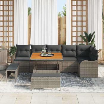 9-teiliges Garten Sofa Set mit Kissen Grau Poly Rattan Akazie, 2-Sitzer Garten Sofa mit Stauraum & Kissen Grau Poly Rattan, 3-teiliges Garten Essset mit Kissen Grau Poly Rattan Akazie