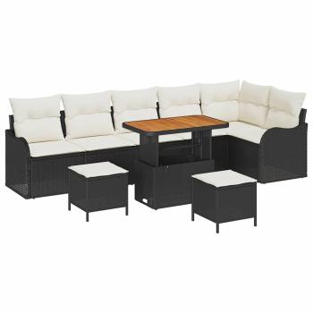9-teiliges Garten Sofa Set mit Kissen Schwarz Poly Rattan Akazie, 2-Sitzer Garten Sofa mit Stauraum & Kissen Schwarz Poly Rattan, 3-teiliges Garten Esstisch Set mit Kissen Schwarz Poly Rattan Akazie