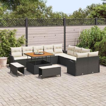 13-teiliges Garten-Sofa-Set mit Kissen Schwarz Poly-Rattan Akazie, 2-Sitzer Garten-Sofa mit Stauraum & Kissen Schwarz Poly-Rattan, 3-teiliges Garten-Dining-Set mit Kissen Schwarz Poly-Rattan Akazie