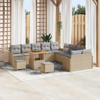 ARDEBO.de - 13-teiliges Garten Sofaset mit Kissen Beige Poly-Rattan Akazie, 2-Sitzer Garten Sofa mit Stauraum & Kissen Beige Poly-Rattan, 3-teiliges Garten Essset mit Kissen Beige Poly-Rattan Akazie