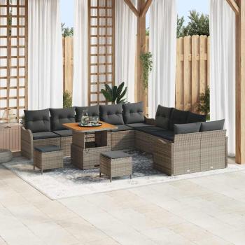ARDEBO.de - 13-teiliges Garten Sofa Set mit Kissen Grau Poly Rattan Akazie, 2-Sitzer Garten Sofa mit Stauraum & Kissen Grau Poly Rattan, 3-teiliges Garten Esstisch Set mit Kissen Grau Poly Rattan Akazie