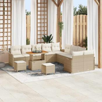 ARDEBO.de - 13-teiliges Garten Sofa Set mit Kissen Beige Poly Rattan Akazie, 2-Sitzer Garten Sofa mit Stauraum & Kissen Beige Poly Rattan, 3-teiliges Gartenset mit Kissen Beige Poly Rattan Akazie