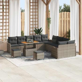 ARDEBO.de - 13-teiliges Garten Sofa Set mit Kissen Grau Poly Rattan Akazie, 2-Sitzer Garten Sofa mit Stauraum & Kissen Grau Poly Rattan, 3-teiliges Garten Ess-Set mit Kissen Grau Poly Rattan Akazie