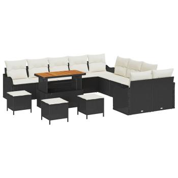 14-teiliges Garten-Sofa-Set mit Kissen aus schwarzem Poly-Rattan und Akazie, 2-Sitzer-Garten-Sofa mit Stauraum & Kissen aus schwarzem Poly-Rattan, 4-teiliges Garten-Ess-Set mit Kissen aus schwarzem Poly-Rattan und Akazie