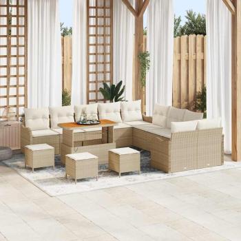 ARDEBO.de - 14-teiliges Garten Sofa Set mit Kissen Beige Poly Rattan Akazie, 2-Sitzer Garten Sofa mit Stauraum & Kissen Beige Poly Rattan, 4-teiliges Garten Esszimmer Set mit Kissen Beige Poly Rattan Akazie