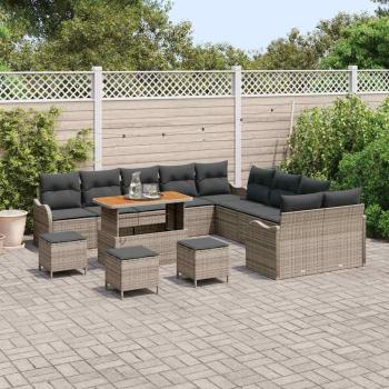 14-teilige Garten Sofa Set mit Kissen Grau Poly Rattan Akazie, 2-Sitzer Garten Sofa mit Stauraum & Kissen Grau Poly Rattan, 4-teiliges Garten Esszimmer Set mit Kissen Grau Poly Rattan Akazie