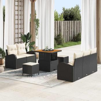 ARDEBO.de - 8-teiliges Garten Sofa Set mit Kissen Schwarz Poly Rattan Akazie, 2-Sitzer Garten Sofa mit Stauraum & Kissen Schwarz Poly Rattan, 3-teiliges Garten Esstisch Set mit Kissen Schwarz Poly Rattan Akazie
