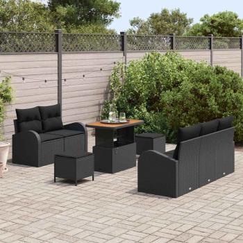 8-teiliges Garten Sofa Set mit Kissen Schwarz Poly Rattan Akazie, 2-Sitzer Garten Sofa mit Stauraum & Kissen Schwarz Poly Rattan, 3-teiliges Garten Essset mit Kissen Schwarz Poly Rattan Akazie