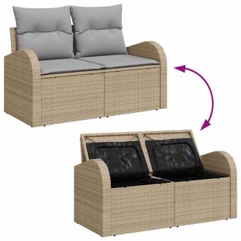 9-teiliges Garten Sofa Set mit Kissen Beige Poly Rattan Akazie, 2-Sitzer Garten Sofa mit Stauraum & Kissen Beige Poly Rattan, 3-teiliges Garten Esstisch Set mit Kissen Beige Poly Rattan Akazie