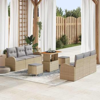 ARDEBO.de - 9-teiliges Garten Sofa Set mit Kissen Beige Poly Rattan Akazie, 2-Sitzer Garten Sofa mit Stauraum & Kissen Beige Poly Rattan, 3-teiliges Garten Essset mit Kissen Beige Poly Rattan Akazie