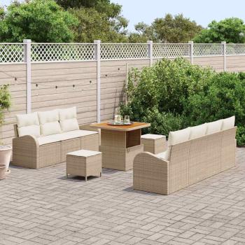 10-teiliges Garten-Sofa-Set mit Kissen in beigem Poly-Rattan, 2-Sitzer Garten-Sofa mit Stauraum und Kissen in beigem Poly-Rattan, 3-teiliges Garten-Dining-Set mit Kissen in beigem Poly-Rattan