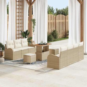 ARDEBO.de - 10-teiliges Garten Sofa Set mit Kissen Beige Poly Rattan Akazie, 2-Sitzer Garten Sofa mit Stauraum & Kissen Beige Poly Rattan, 3-teiliges Garten Essset mit Kissen Beige Poly Rattan Akazie