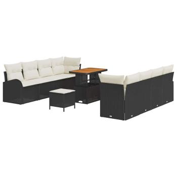 11-teiliges Garten-Sofa-Set mit Kissen Schwarzes Poly-Rattan Akazie, 2-Sitzer Garten-Sofa mit Stauraum & Kissen Schwarzes Poly-Rattan, 3-teiliges Garten-Ess-Set mit Kissen Schwarzes Poly-Rattan Akazie