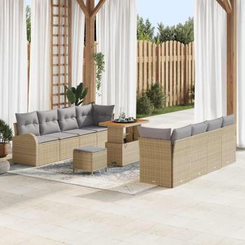 ARDEBO.de - 11-teiliges Garten Sofa Set mit Kissen Beige Poly Rattan Akazie, 2-Sitzer Garten Sofa mit Stauraum & Kissen Beige Poly Rattan, 3-teiliges Garten Essenset mit Kissen Beige Poly Rattan Akazie