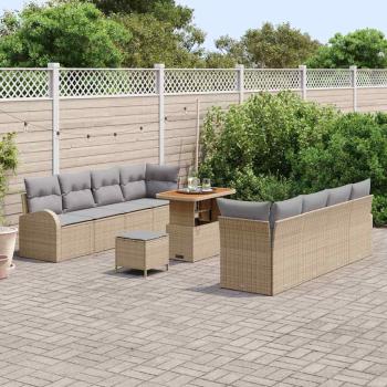 11-teiliges Garten Sofa Set mit Kissen Beige Poly Rattan Akazie, 2-Sitzer Garten Sofa mit Stauraum & Kissen Beige Poly Rattan, 3-teiliges Garten Essenset mit Kissen Beige Poly Rattan Akazie