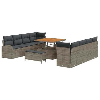 11-teiliges Garten Sofa Set mit Kissen Grau Poly Rattan Akazie, 2-Sitzer Garten Sofa mit Stauraum & Kissen Grau Poly Rattan, 3-teiliges Garten Essset mit Kissen Grau Poly Rattan Akazie