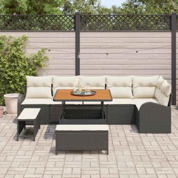 9-teiliges Garten Sofa Set mit Kissen Schwarz Poly Rattan Akazie, 2-Sitzer Garten Sofa mit Stauraum & Kissen Schwarz Poly Rattan, 3-teiliges Garten Esszimmer Set mit Kissen Schwarz Poly Rattan Akazie