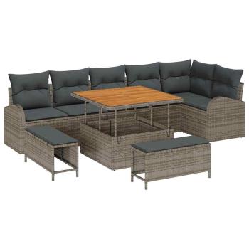 ARDEBO.de - 9-teiliges Garten Sofa Set mit Kissen Grau Poly Rattan Akazie, 2-Sitzer Garten Sofa mit Stauraum & Kissen Grau Poly Rattan, 3-teiliges Garten Essset mit Kissen Grau Poly Rattan Akazie