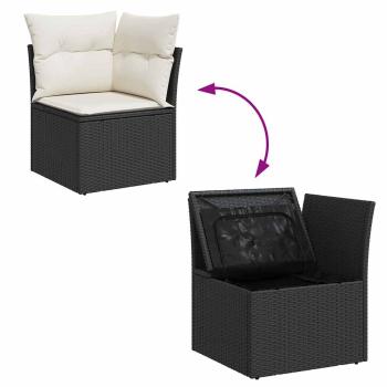 9-teiliges Garten-Sofaset mit Kissen, Schwarz, Poly-Rattan, Akazie, 2-Sitzer Garten-Sofa mit Stauraum und Kissen, Schwarz, Poly-Rattan, 3-teiliges Garten-Dining-Set mit Kissen, Schwarz, Poly-Rattan, Akazie