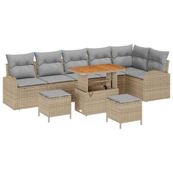9-teiliges Garten Sofa Set mit Kissen Beige Poly Rattan Akazie, 2-Sitzer Garten Sofa mit Stauraum & Kissen Beige Poly Rattan, 3-teiliges Garten Essset mit Kissen Beige Poly Rattan Akazie