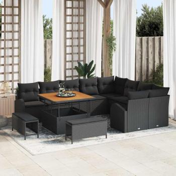 ARDEBO.de - 12-teiliges Garten Sofa Set mit Kissen Schwarz Poly-Rattan Akazie, 2-Sitzer Garten Sofa mit Stauraum & Kissen Schwarz Poly-Rattan, 3-teiliges Garten Esstisch Set mit Kissen Schwarz Poly-Rattan Akazie