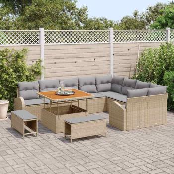 12-teiliges Garten-Sofa-Set mit Kissen in Beige aus Poly-Rattan, Akazie, 2-Sitzer Garten-Sofa mit Stauraum & Kissen in Beige aus Poly-Rattan, 3-teiliges Garten-Ess-Set mit Kissen in Beige aus Poly-Rattan, Akazie