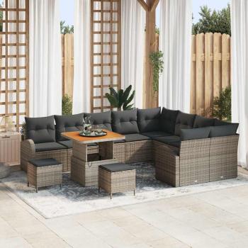 ARDEBO.de - 12-teiliges Garten-Sofaset mit Kissen Grau Poly-Rattan Akazie, 2-Sitzer Garten-Sofa mit Stauraum & Kissen Grau Poly-Rattan, 3-teilige Garten-Essgruppe mit Kissen Grau Poly-Rattan Akazie