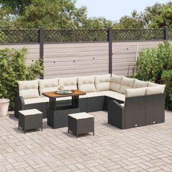 12-teiliges Garten-Sofa-Set mit Kissen Schwarz Poly Rattan Akazie, 2-Sitzer Garten-Sofa mit Stauraum & Kissen Schwarz Poly Rattan, 3-teiliges Garten-Dining-Set mit Kissen Schwarz Poly Rattan Akazie