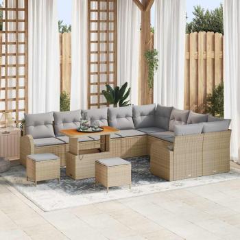 ARDEBO.de - 12-teiliges Garten Sofa Set mit Kissen Beige Poly Rattan Akazie, 2-Sitzer Garten Sofa mit Stauraum & Kissen Beige Poly Rattan, 3-teiliges Garten Ess-Set mit Kissen Beige Poly Rattan Akazie