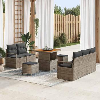 ARDEBO.de - 8-teiliges Garten Sofa Set mit Kissen Grau Poly Rattan Akazie, 2-Sitzer Garten Sofa mit Stauraum & Kissen Grau Poly Rattan, 3-teiliges Garten Essset mit Kissen Grau Poly Rattan Akazie