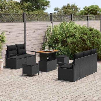 8-teiliges Garten Sofa Set mit Kissen Schwarz Poly Rattan Akazie, 2-Sitzer Garten Sofa mit Stauraum & Kissen Schwarz Poly Rattan, 3-teiliges Garten Essenset mit Kissen Schwarz Poly Rattan Akazie
