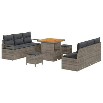 9-teiliges Garten Sofa Set mit Kissen Grau Poly Rattan Akazie, 2-Sitzer Garten Sofa mit Stauraum & Kissen Grau Poly Rattan, 3-teiliges Garten Essset mit Kissen Grau Poly Rattan Akazie