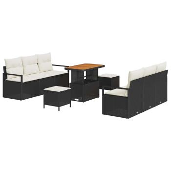 9-teiliges Garten Sofa Set mit Kissen Schwarz Poly Rattan Akazie, 2-Sitzer Garten Sofa mit Stauraum & Kissen Schwarz Poly Rattan, 3-teiliges Garten Essset mit Kissen Schwarz Poly Rattan Akazie