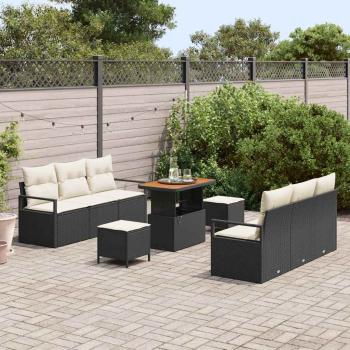 9-teiliges Garten Sofa Set mit Kissen Schwarz Poly Rattan Akazie, 2-Sitzer Garten Sofa mit Stauraum & Kissen Schwarz Poly Rattan, 3-teiliges Garten Essset mit Kissen Schwarz Poly Rattan Akazie
