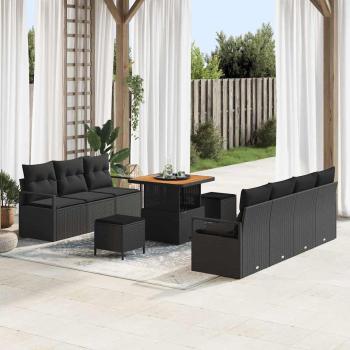 ARDEBO.de - 10-teiliges Gartensofa-Set mit Kissen Schwarz Poly Rattan Akazie, 2-Sitzer Gartensofa mit Stauraum & Kissen Schwarz Poly Rattan, 3-teiliges Gartendining-Set mit Kissen Schwarz Poly Rattan Akazie